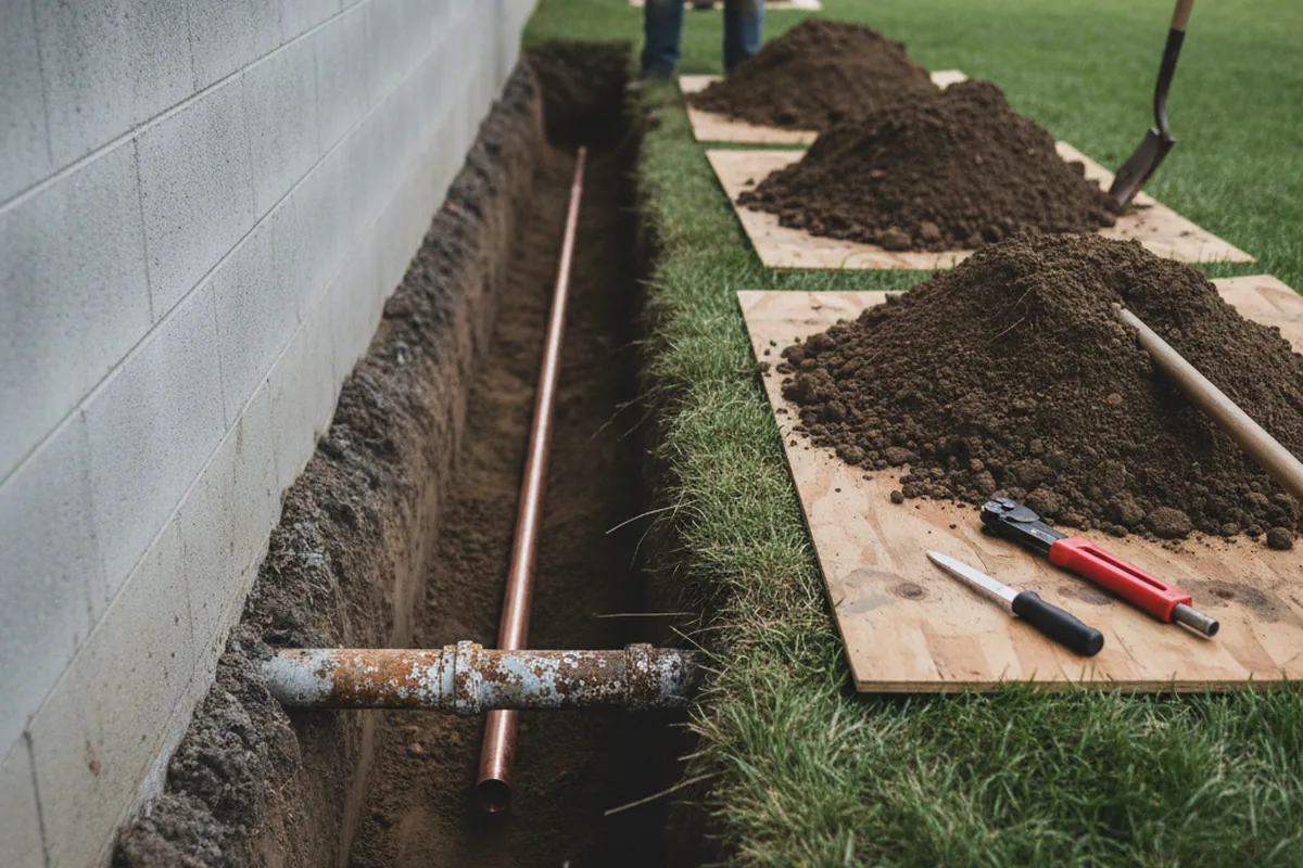 Excavated water line trench during Sewer Line Repair in Carson